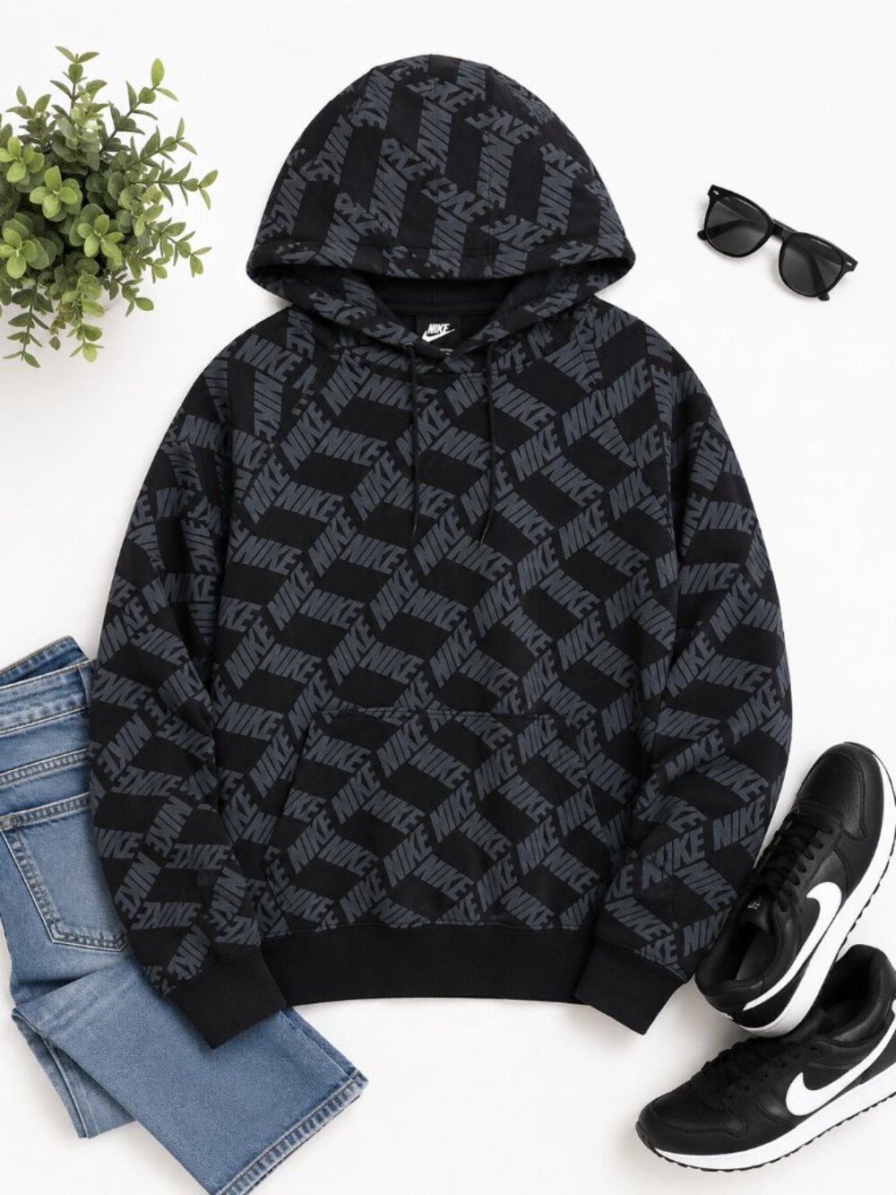 Nike Black Gray All Over Logo Hoodie Men’s Large Pullover Streetwear